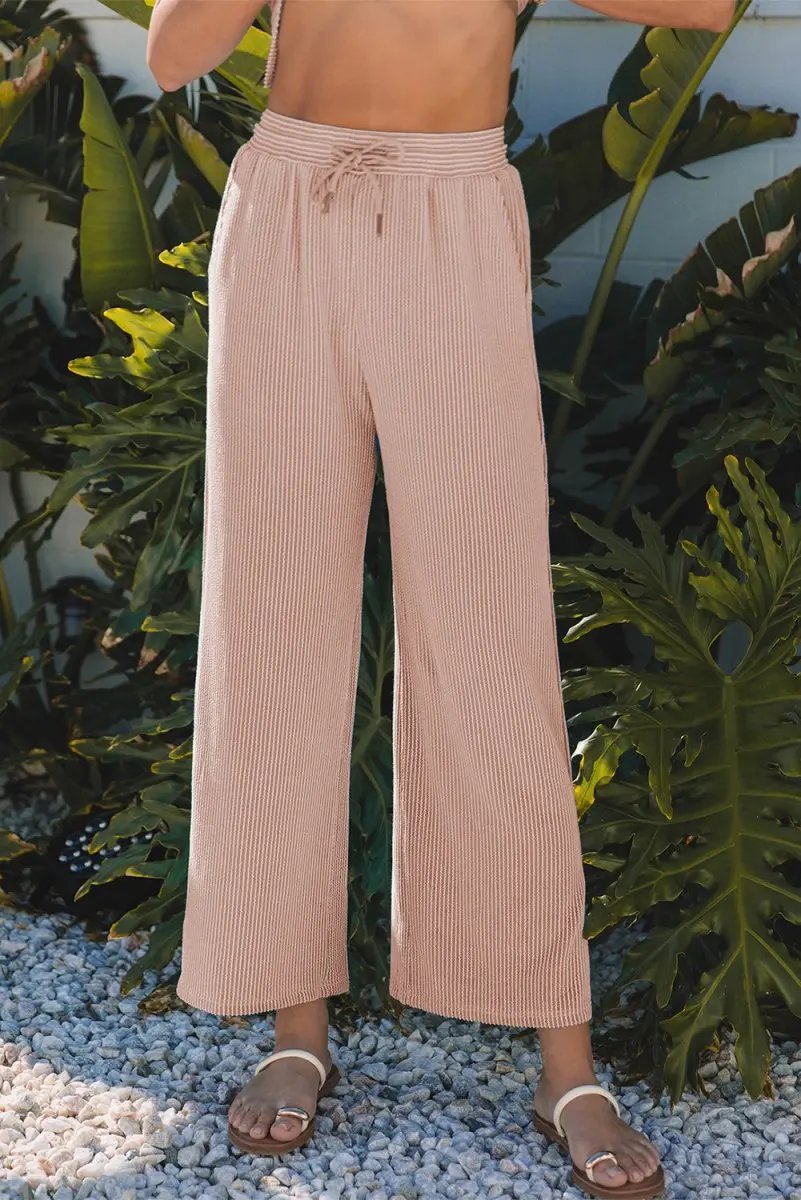 Smoke Gray Solid Corded Knit Short Sleeve T Shirt and Wide Leg Pants Set - Love Salve